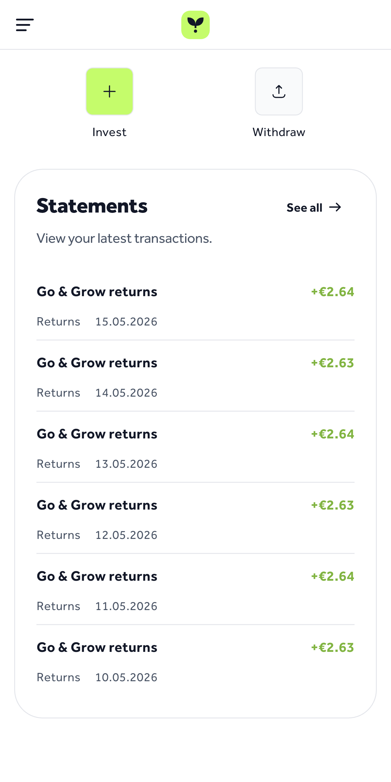Go and Grow daily returns statement showing EUR 2.63 to 2.64 earned per day over six consecutive days