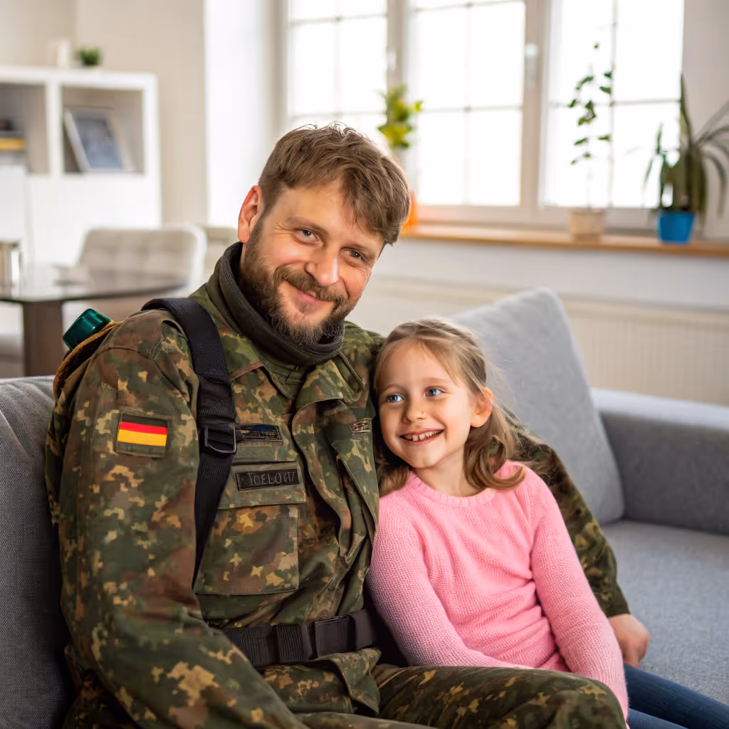Soldat in Tarnuniform mit Tochter, Versicherung und Familienmoment zu Hause