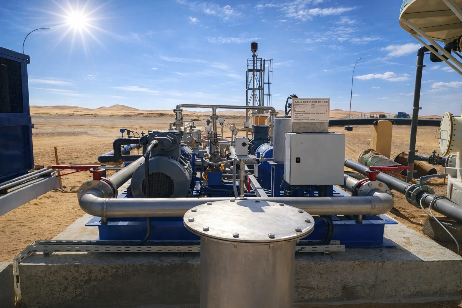 Biogas compression skid engineered by CRA for long-distance pipeline transport at a dairy processing facility in Oman.