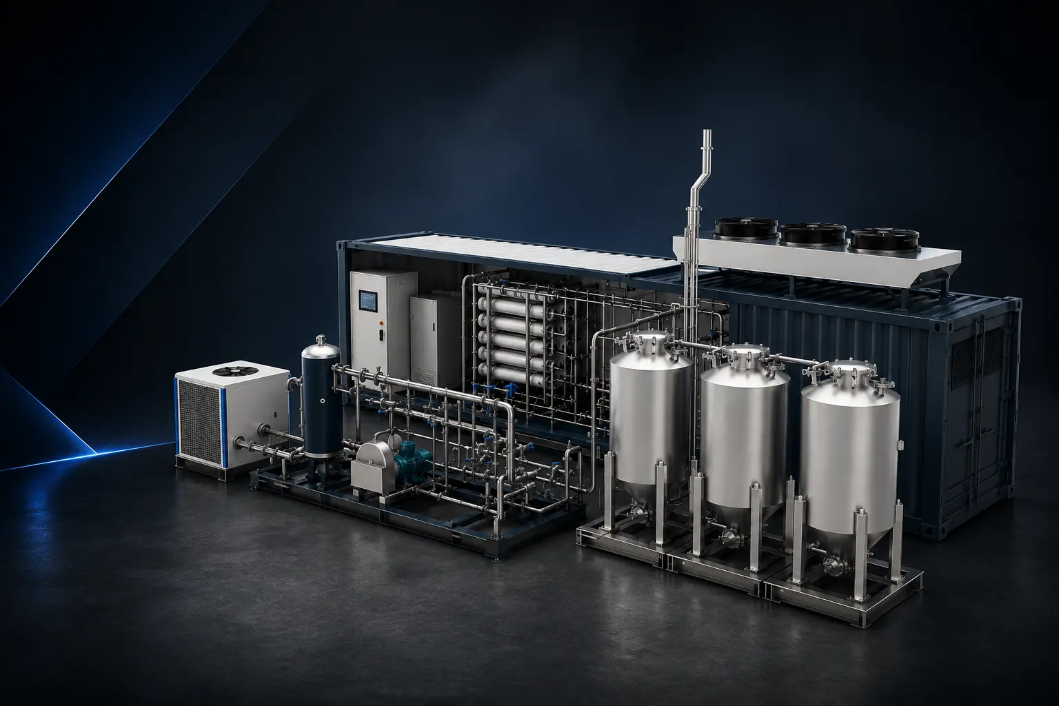 Biogas upgrading gas train showing desulphurisation, membrane upgrading, compression and methane-slip destruction as one integrated CBG and RNG plant