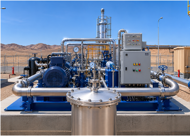 Biogas compression skid engineered by CRA for long-distance pipeline transport at a dairy processing facility in Oman.