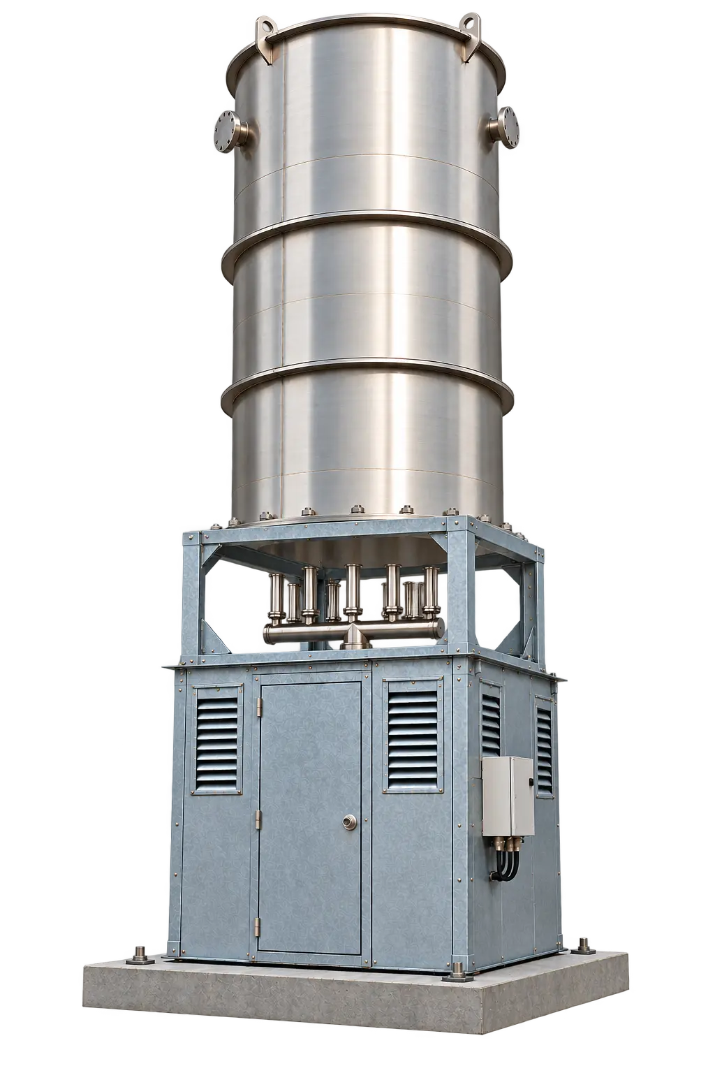 CRA semi-enclosed biogas flare at a CBG plant, with the stainless steel chamber above its base module