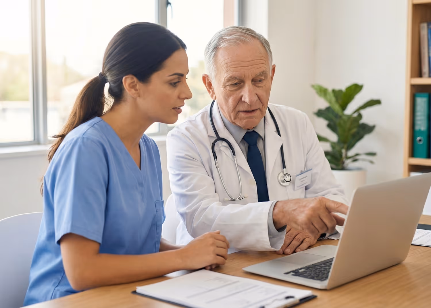 Älterer Arzt mit Kittel erklärt einer jungen Krankenschwester am Laptop etwas im Büro.