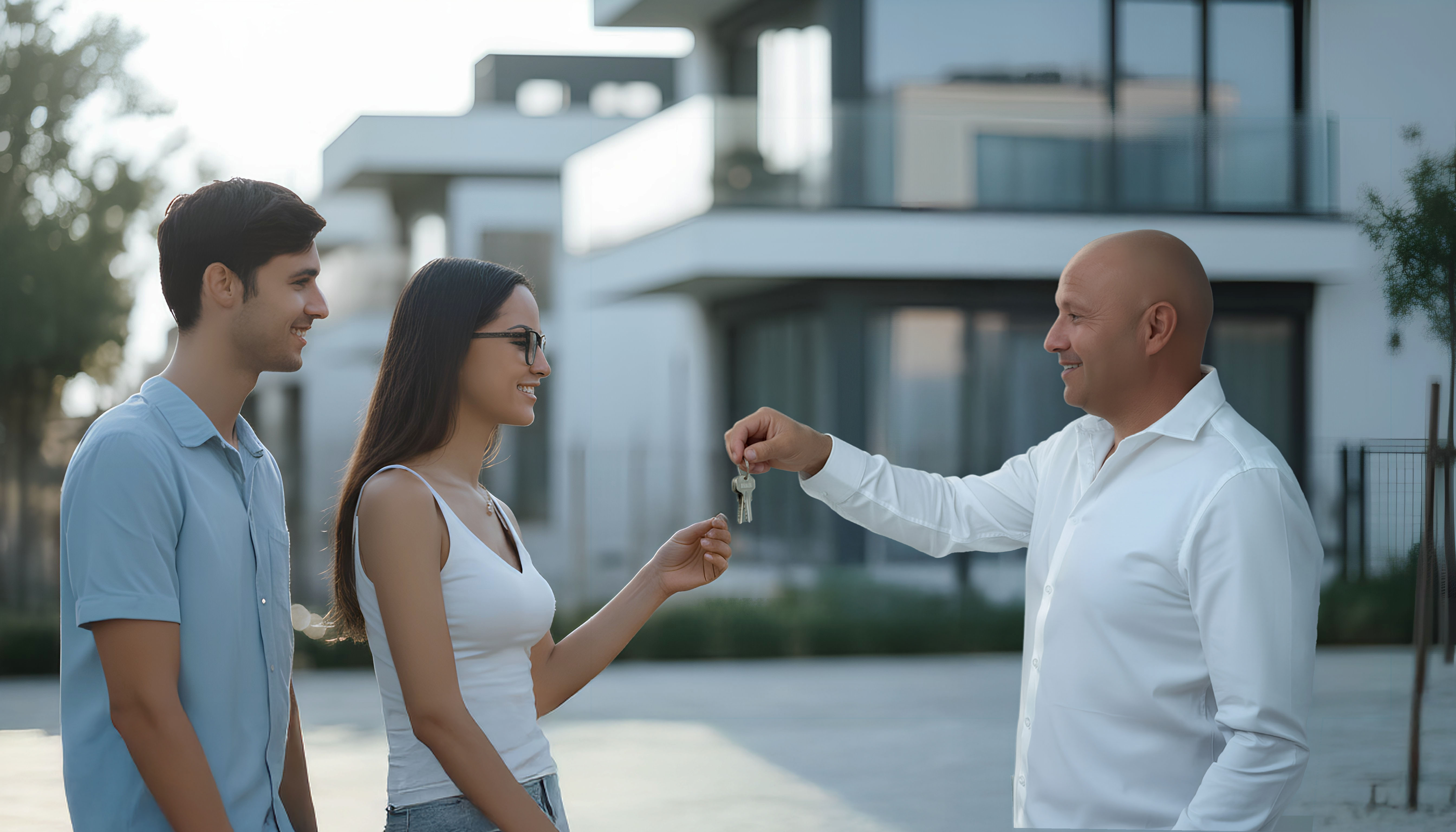 Two warehouse workers wearing safety helmets and reflective vests looking at a tablet with wrapped pallets in the background.