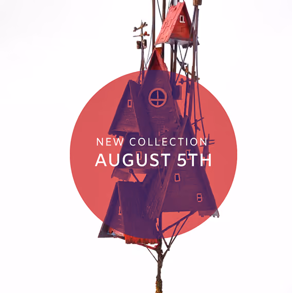 Artistic birdhouse cluster with red roofs suspended by ropes, announced new collection August 5th.