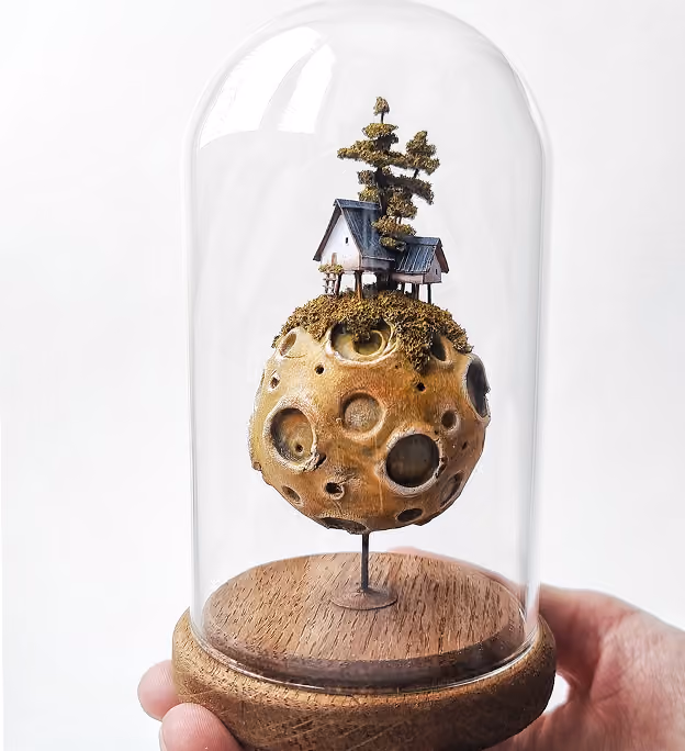 A miniature sculpture inside a glass dome shows a small house with a blue roof and a tree on top of a round, cratered planet-like object, all mounted on a wooden base held by a hand.