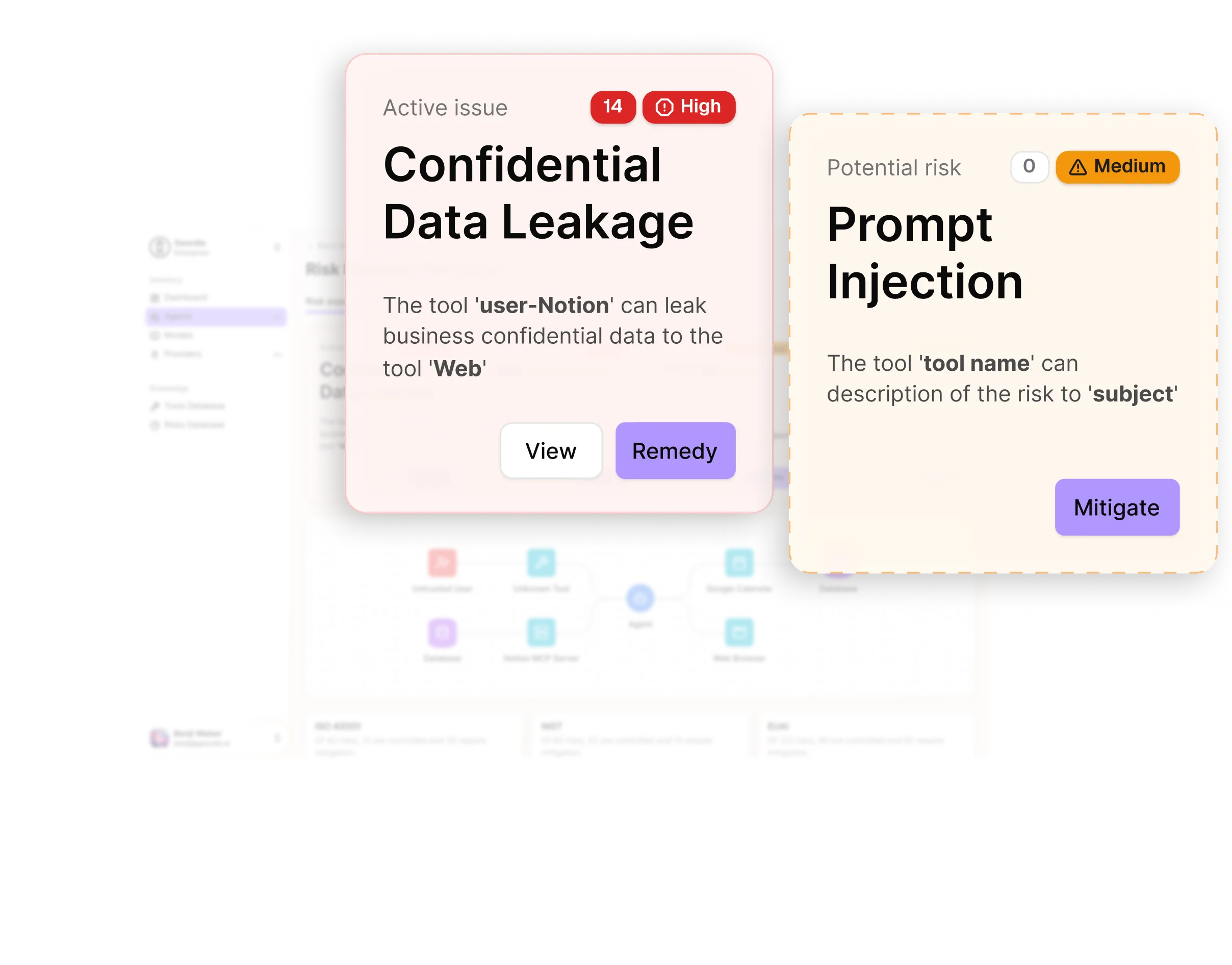 Geordie AI cybersecurity risk alert cards showing confidential data leakage and prompt injection threats with remediation action buttons.