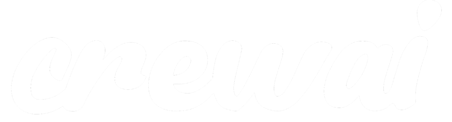 Crewai logo in white cursive lowercase letters.