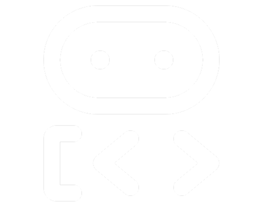 White robot icon with an oval head featuring two round eyes and a body formed by code brackets on a black background.