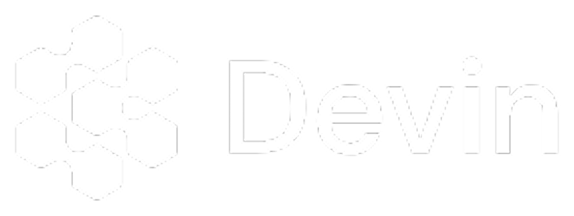 White hexagonal network pattern logo next to the text 'Devin' on a black background.