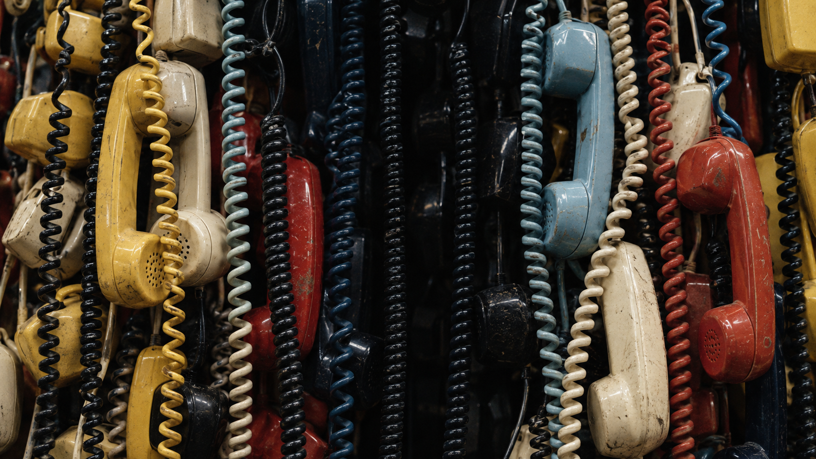 A wall of vintage telephone handsets in yellow, red, blue and cream