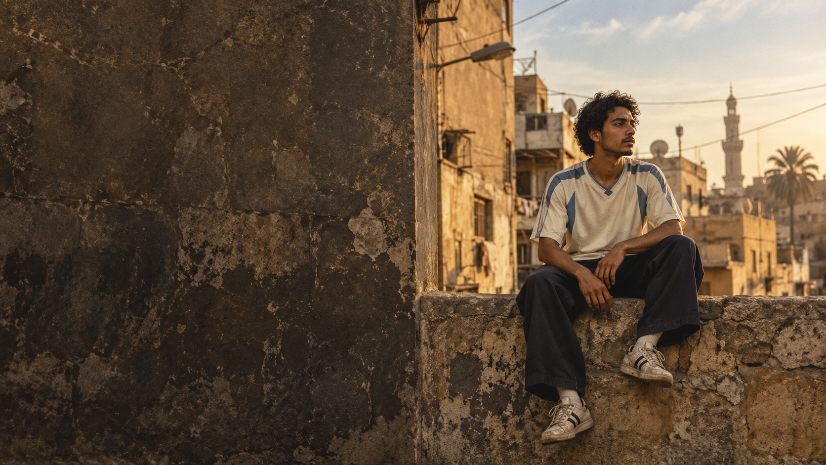 A young man sitting on a rooftop wall at golden hour with the city behind him