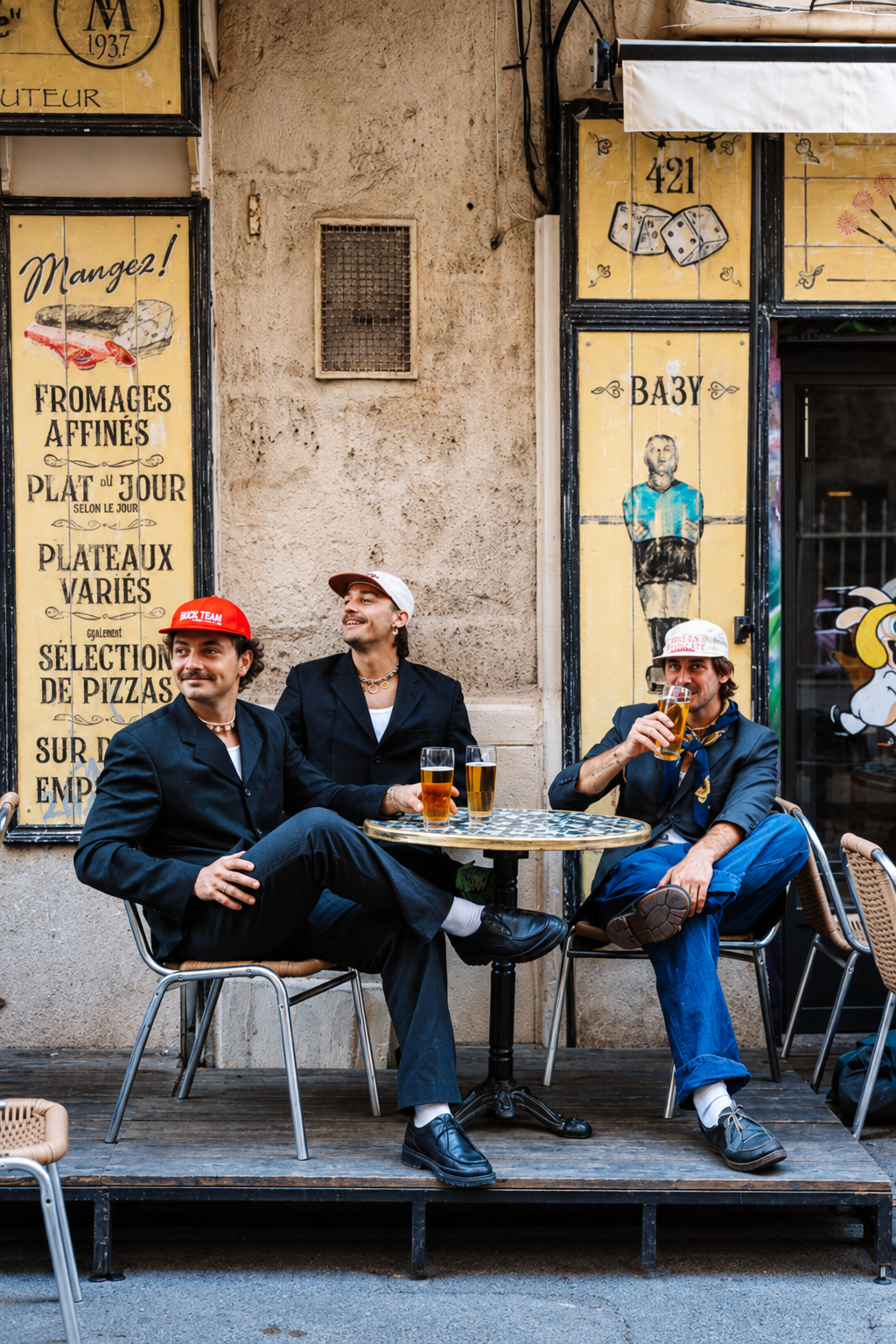Three friends in caps and blazers sharing a drink outside a street café