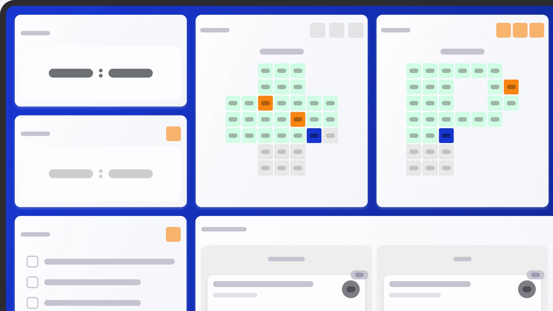Mevisio dashboard mockup displaying visual boards with colored status indicators, data tiles, and task cards for operational and team management.
