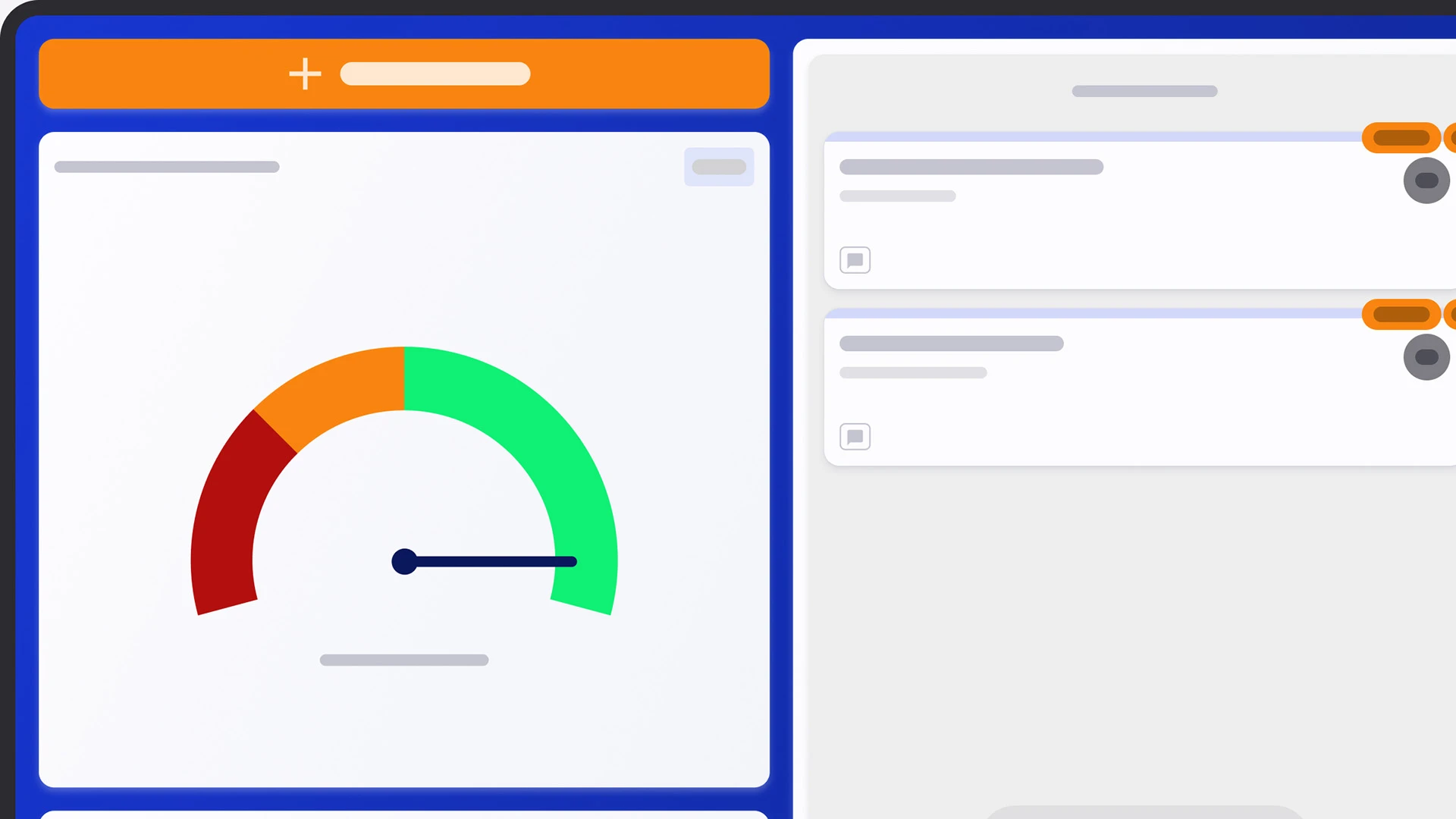 Mevisio dashboard mockup featuring a performance gauge with colored indicators and task management cards for operational monitoring.