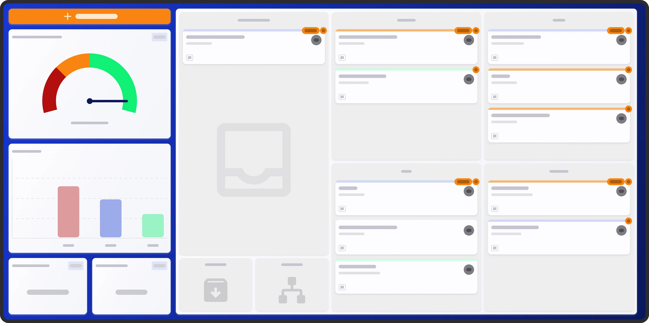 Mevisio dashboard mockup displaying a performance gauge, bar charts, and structured task cards for real-time operational management and team collaboration.