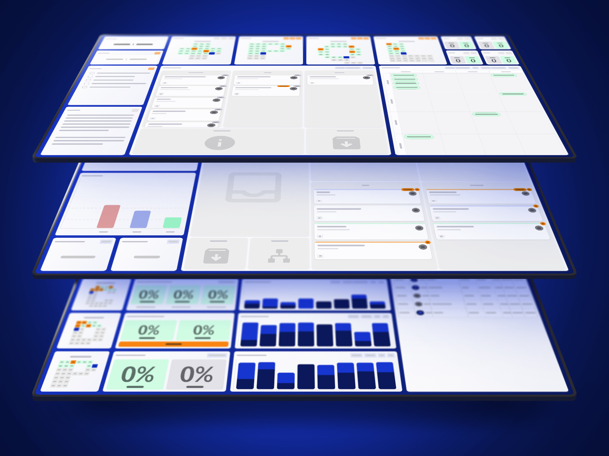 Mevisio layered dashboard mockup visualizing multiple digital boards with charts, task management, and performance metrics for operational excellence.