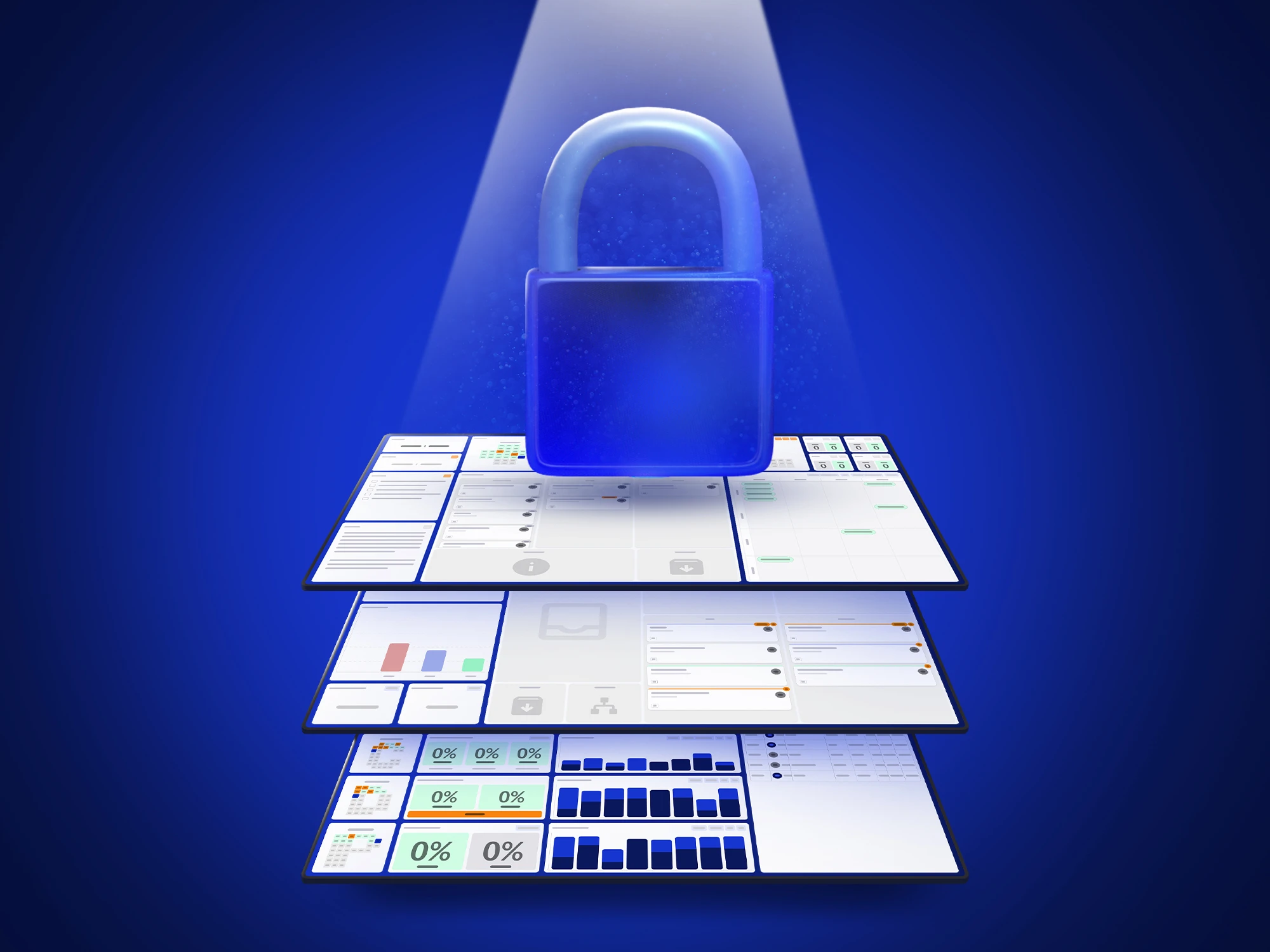 Mevisio security illustration showing stacked digital dashboards protected by a blue padlock, representing secure data management and operational reliability