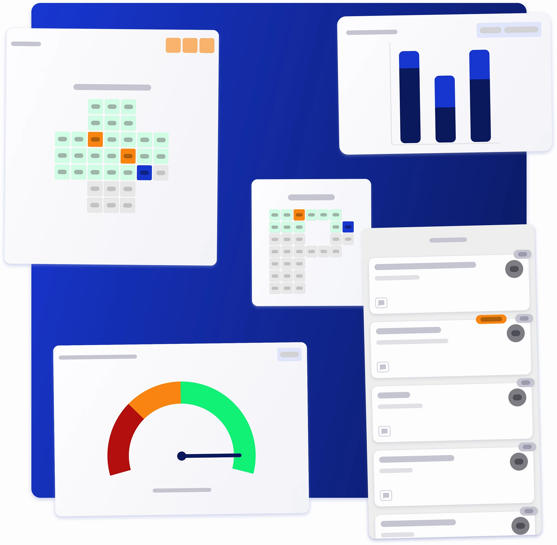 Mevisio dashboard mockup featuring digital boards with colored status indicators, bar charts, a performance gauge, and task management cards for operational workflows.