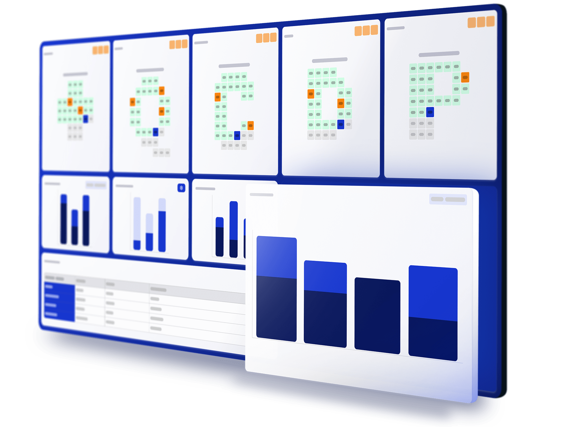 Mevisio dashboard mockup displaying digital boards with bar charts, status indicators, and a data table for real-time operational management.