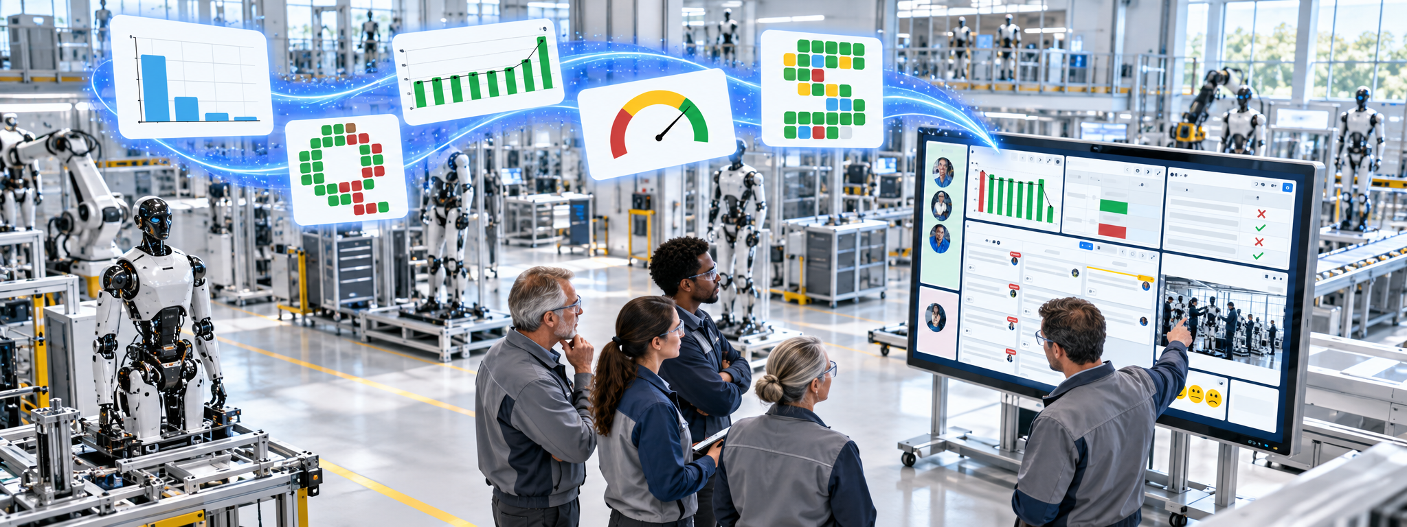 Manufacturing team using Mevisio AI insights on a digital operations board in a smart factory
