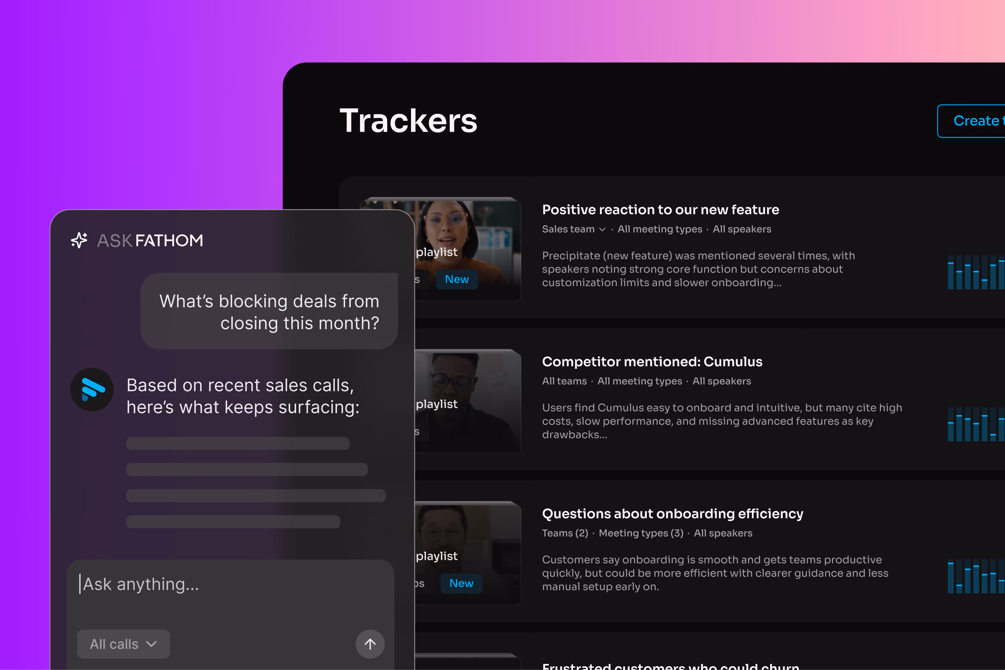 An Ask Fathom answer about deals at risk, next to a Trackers panel listing topics like competitor mentions and churn signals