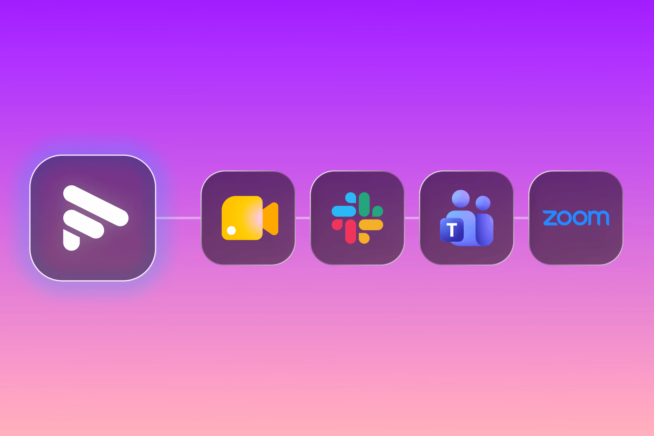 Fathom's logo connected by lines to video call, Slack, Microsoft Teams, and Zoom icons