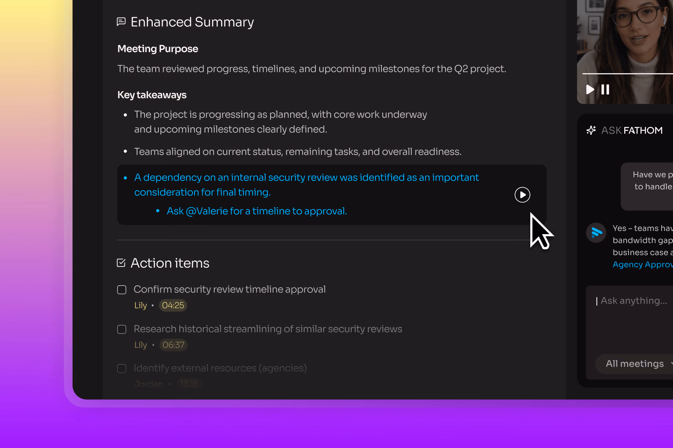 Fathom's Enhanced Summary panel with a highlighted takeaway linked back to the recording, plus an action item checklist