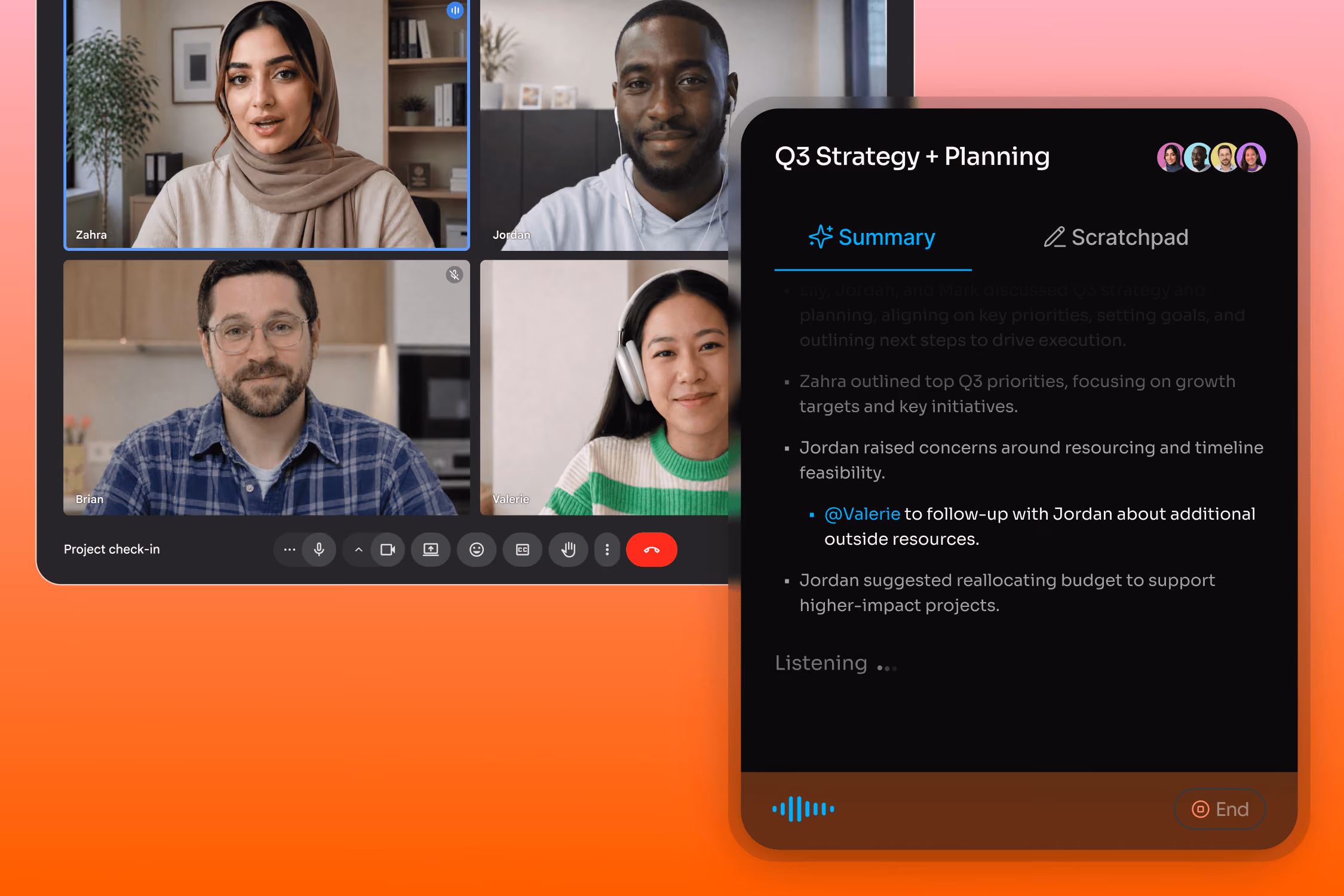 A four-person video call next to Fathom's live summary panel generating real-time takeaways during the meeting