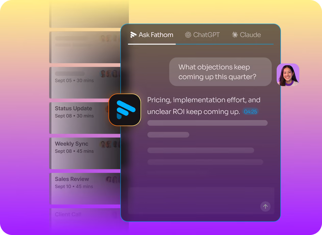 Ask Fathom search bar returning an instant, sourced answer from past meetings