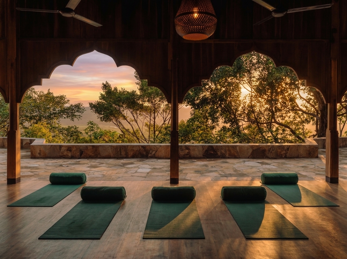 Sunset through the carved arches of the yoga shala at Malabar Hill