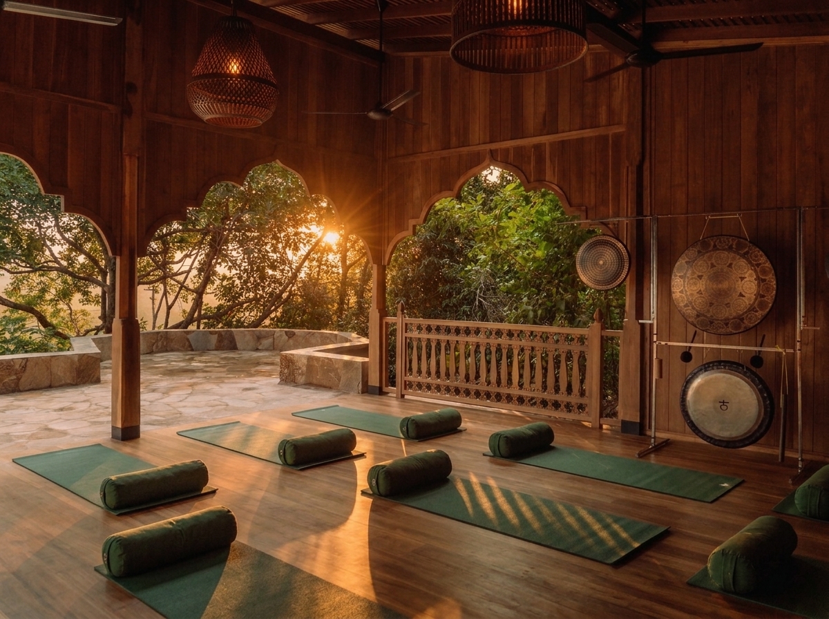 Golden evening light over yoga mats, bolsters and gongs in the shala at Malabar Hill