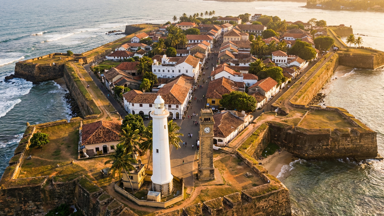 Galle Fort from above at golden hour, with its white lighthouse, clock tower and ramparts on the Indian Ocean