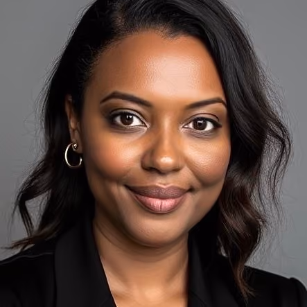 Portrait of a woman with medium-length dark hair, wearing gold hoop earrings and a black top.