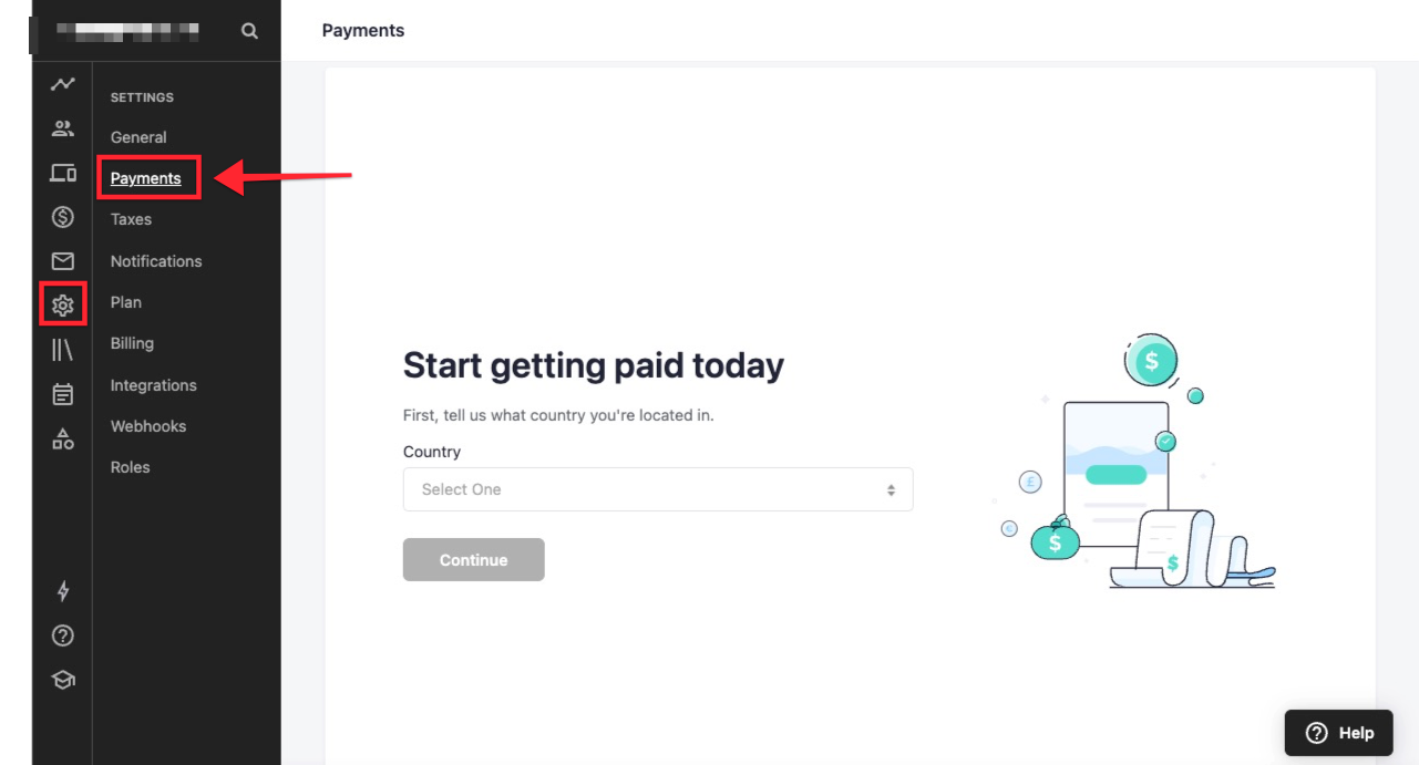 The screen shows the admin of a Teachable school. From the left side navigation menu, the SETTINGS tab is circled, then PAYMENTS is circled from the submenu. The page shows a dropdown menu for COUNTRY.