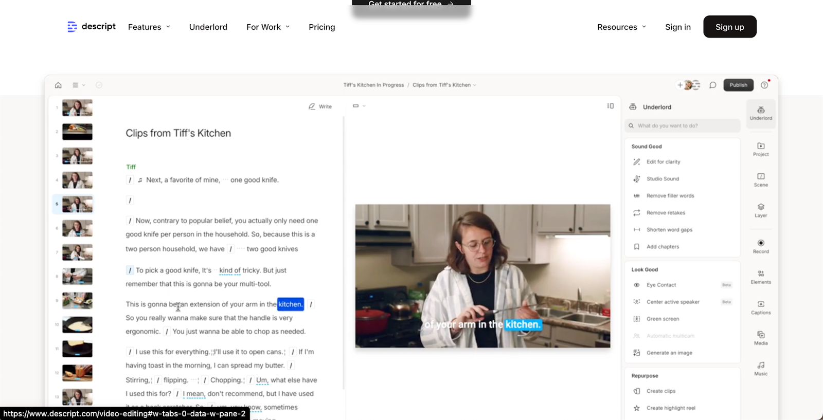 Visual of Descript AI video tool webpage