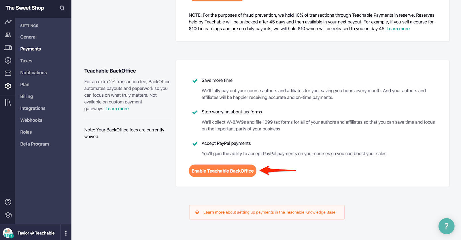 backoffice on teachable