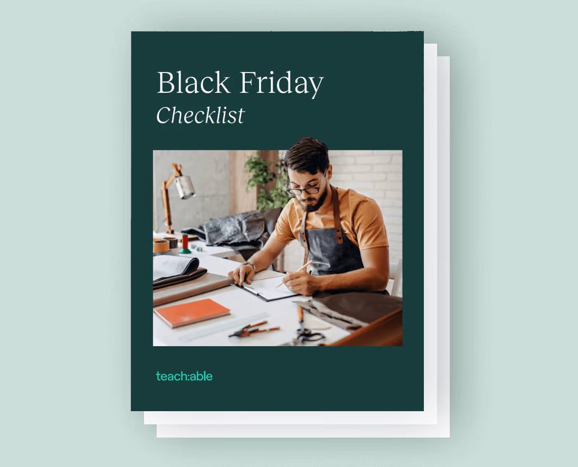 Cover of Black Friday checklist with a man in apron writing on clipboard at a workspace with tools and materials.
