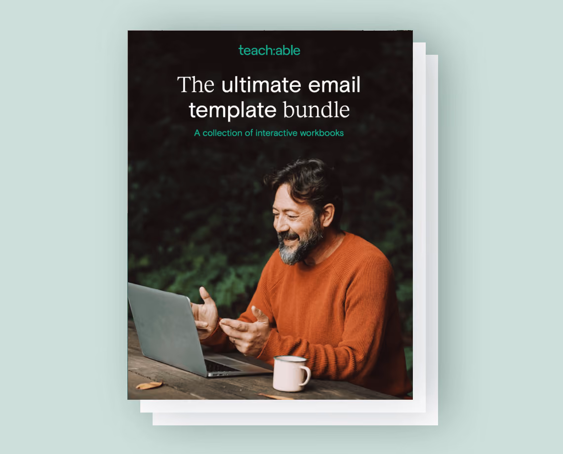Book cover titled The ultimate email template bundle with a man in an orange sweater using a laptop