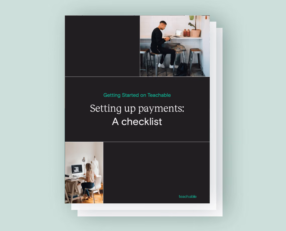 Cover page titled 'Setting up payments: A checklist' with photos of people working on laptops.