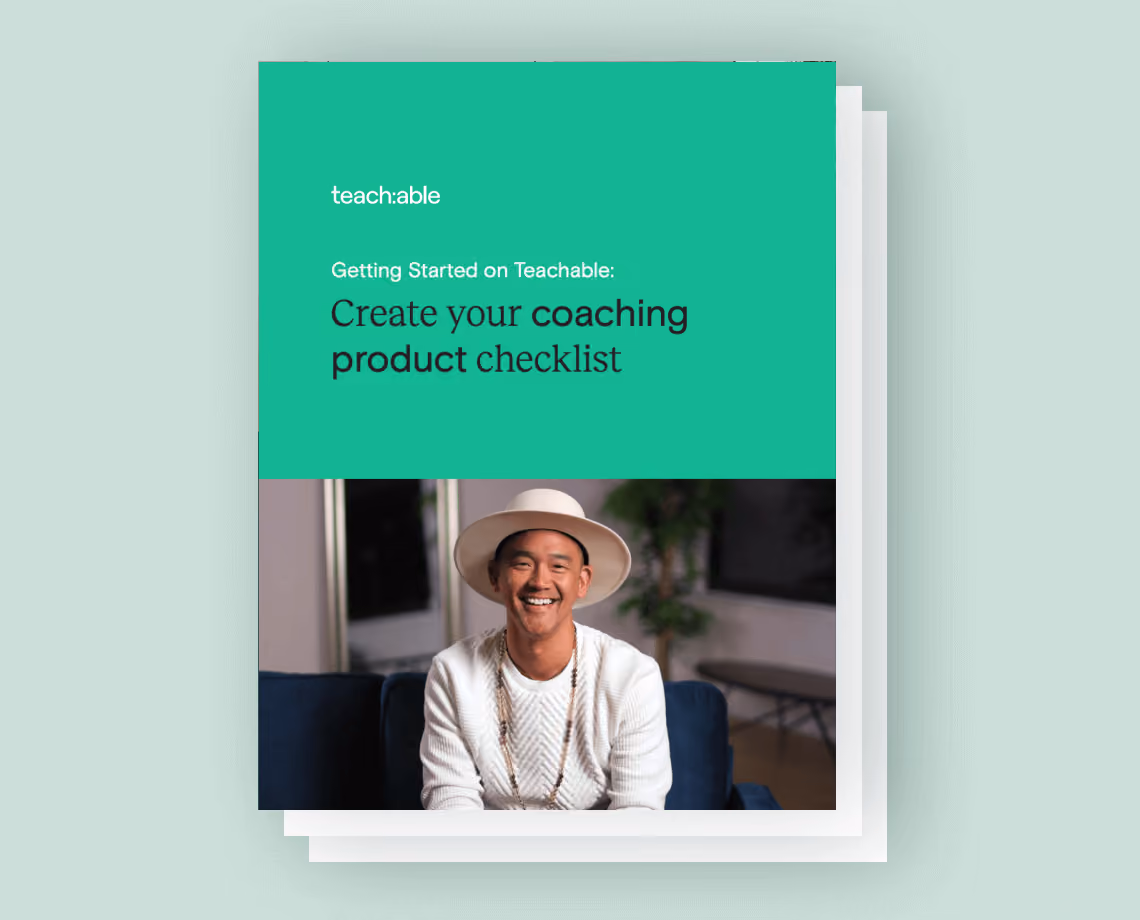 Cover of a guide titled Create your coaching product checklist with a smiling man in a hat below.