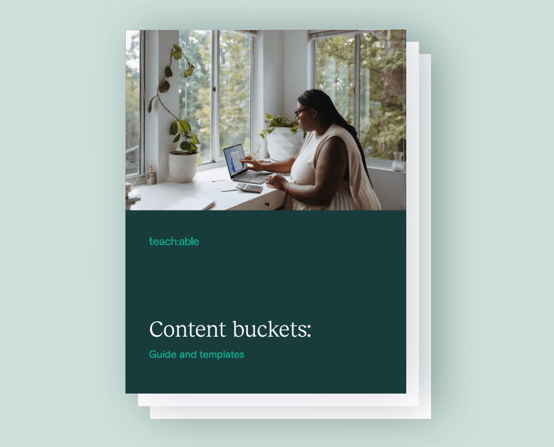 Woman working on laptop with calculator and plants by window, cover titled Content buckets: Guide and templates.