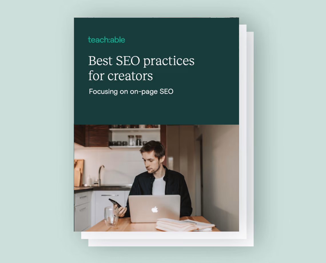Ebook cover titled Best SEO practices for creators, showing man with laptop and phone at kitchen table.