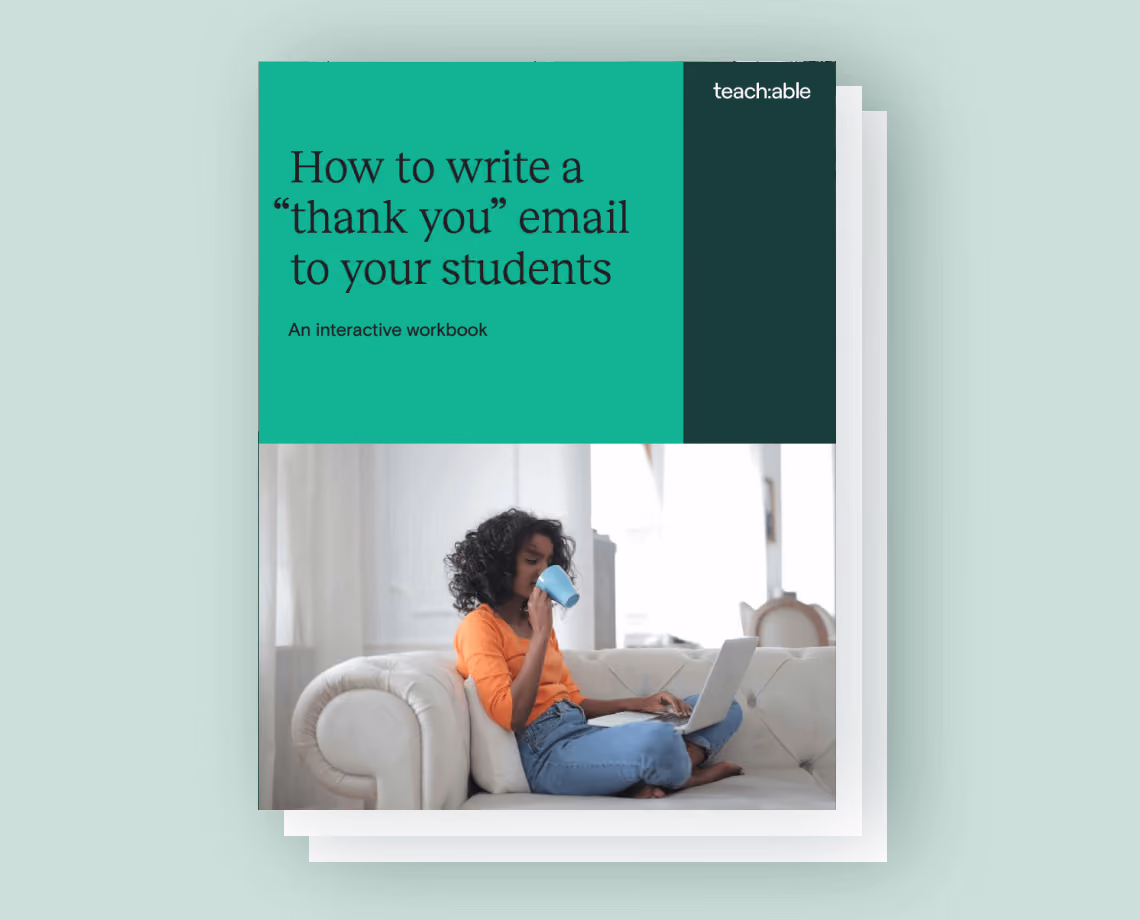 Cover of a workbook titled 'How to write a thank you email to your students' by Teachable with a woman using a laptop.