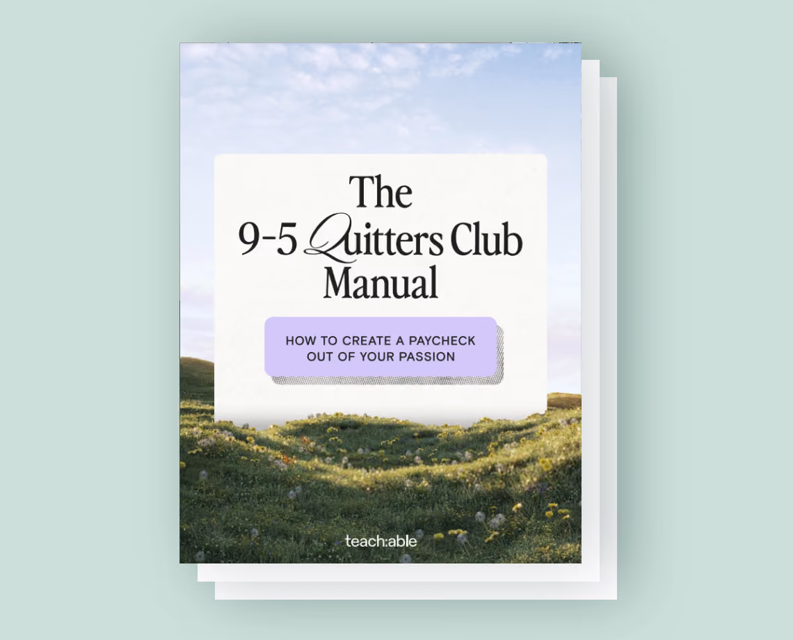 Cover of The 9-5 Quitters Club Manual on a field background with subtitle about creating a paycheck from passion.