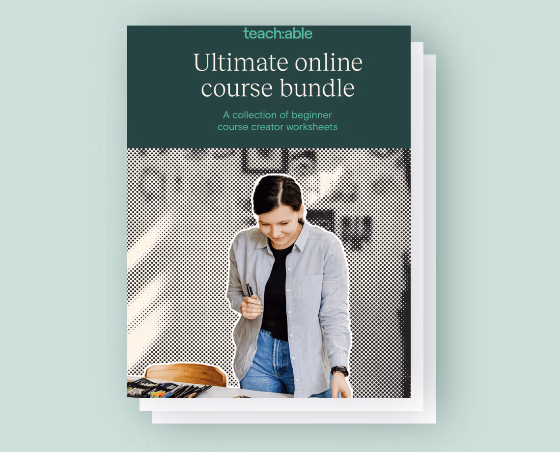 Cover showing a person with pens and text about an ultimate online course bundle from Teachable.