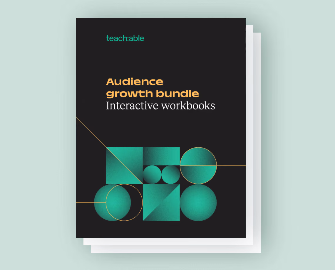 Cover of Audience Growth Bundle interactive workbooks with green geometric shapes on black background.