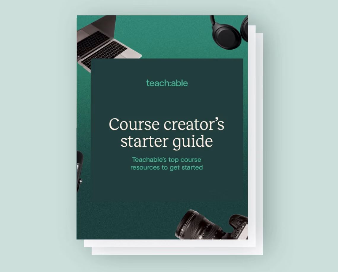 Book cover titled 'Course creator’s starter guide' with laptop, headphones, microphone, and camera.
