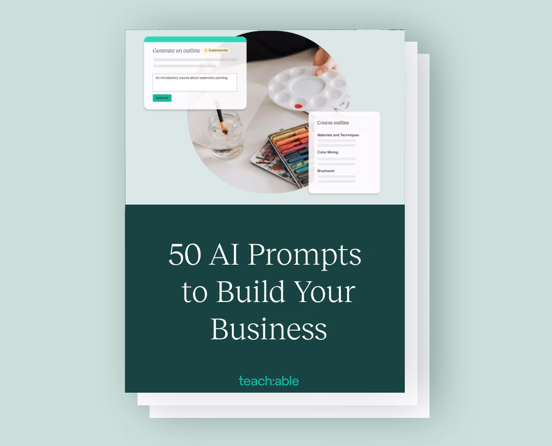 Book cover titled '50 AI Prompts to Build Your Business' with painting art and Teach:able logo.