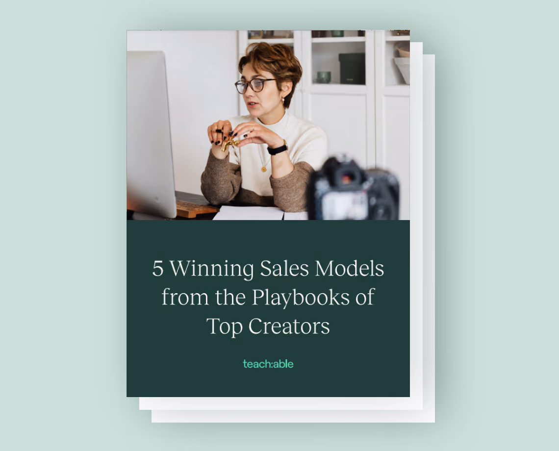 A woman wearing glasses talks on a video call, seen beside text about 5 winning sales models.